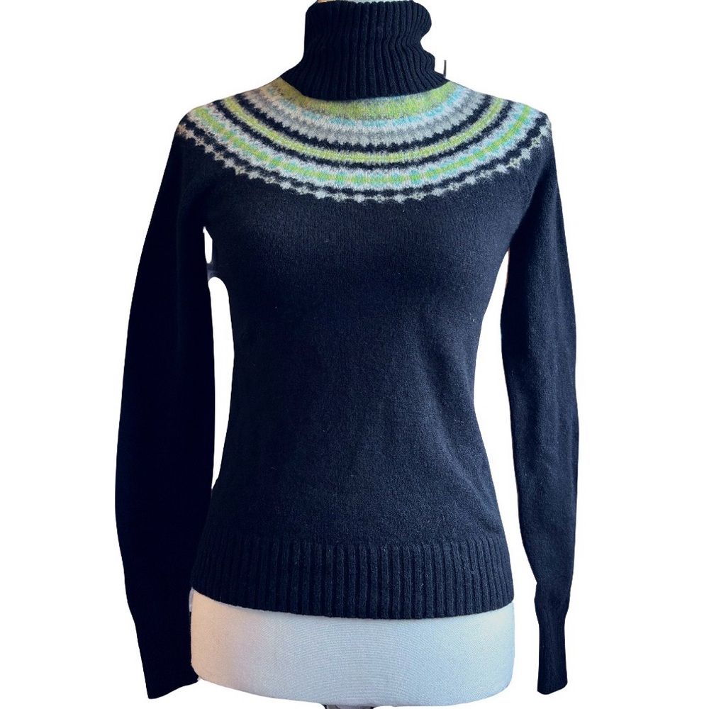 J.Crew Fair Isle Turtleneck Sweater Small‎ Black Nordic Wool Cashmere